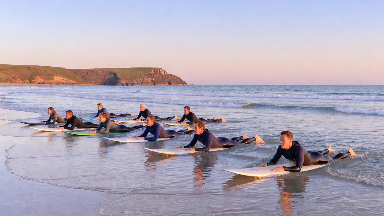 Surfers paddling out at Fistral Beach in Newquay on a clean morning with Towan Head in the background