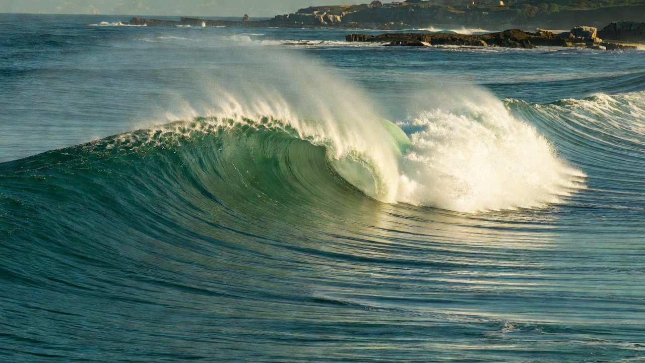 A long right-hand wave peeling down the point at Supertubes, Jeffreys Bay, South Africa