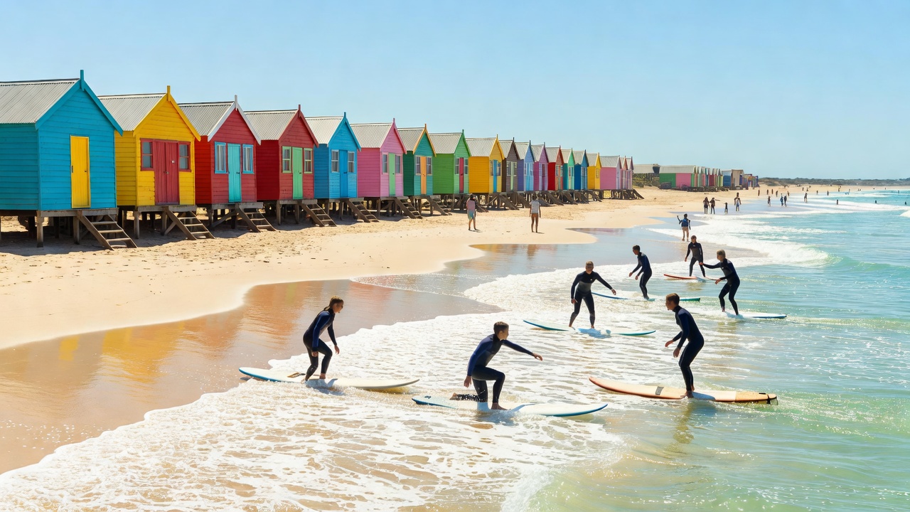 Colourful wooden beach huts at Muizenberg with beginner surfers riding gentle white water